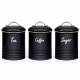 Set of 3 Airtight Round Tea, Sugar & Coffee Storage Jars, Black, 0.9 L