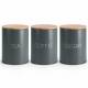 Set of 3 Tea, Coffee & Sugar Metal Jars With Airtight Bamboo Lid, Grey