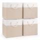 Woodluv Set of 4 Linen Storage Foldable Collapsible Baskets, Beige