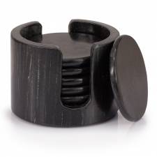 EHC 6 Pcs Round Marble Coaster Set with Marble Holder - Black