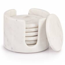 EHC 6 Pcs Round Marble Coaster Set with Marble Holder - White