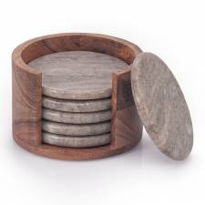 EHC 6 Pcs Round Marble Coaster Set with Wooden Holder - Natural