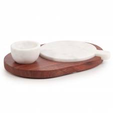 EHC Marble & Acacia Wood Serving Platter with Dip Bowl, White
