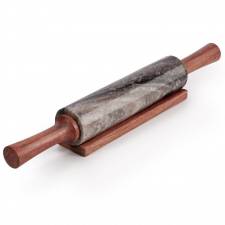 EHC Marble Rolling Pin for Baking with Acacia Wood Stand, Beige