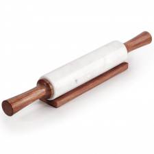 EHC Marble Rolling Pin for Baking with Acacia Wood Stand - White