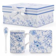 EHC Porcelain Orchid Design Tea/Coffee Mug with Spoon & Coaster Set