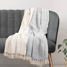 EHC Pack of 2 Cross-Stitch Throws For Sofa/Chair Blanket - Grey/Ivory