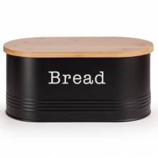 EHC Round Enamel Bread Storage Canister With Wooden Lid, Black
