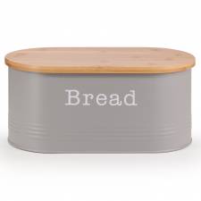 EHC Round Enamel Bread Storage Canister With Wooden Lid, Grey
