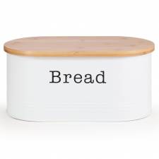 EHC Round Enamel Bread Storage Canister With Wooden Lid, White