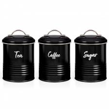 Set of 3 Airtight Round Tea, Sugar & Coffee Storage Jars, Black, 0.9 L