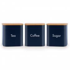 EHC Set of 3 Airtight Tea Sugar Coffee Jars With Bamboo Lid, Navy Blue