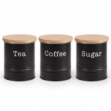EHC Set of 3 Tea, Coffee & Sugar Storage Canisters With Lid, Black