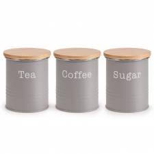 EHC Set of 3 Tea, Coffee & Sugar Storage Canisters With Lid, Grey