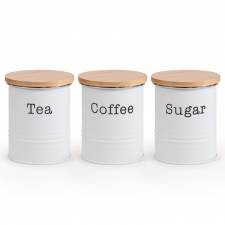 EHC Set of 3 Tea, Coffee & Sugar Storage Canisters With Lid, White