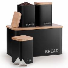 EHC Set of 4 Tea, Coffee, Sugar, Bread Storage Jars With Lid - Black