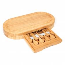 Large Oval Cheese Board Set With Integrated Drawer and 4 Cheese Knives