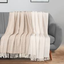 Pair of 2 Chevron Throw For Sofa or Arm Chair 127 x 152 cm - Ivory/Tan