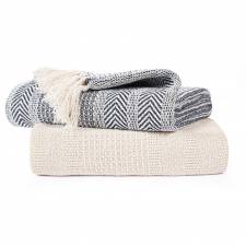 Premium Pack of 2 Cross-Stitch Throws, 125 x 150 cm - Navy Blue/Ivory