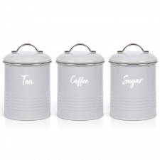 Set of 3 Airtight Round Tea, Sugar and Coffee Storage Canisters - Grey