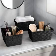 Set of 3 Rectangular Woven Storage Basket With Carry Handles, Black