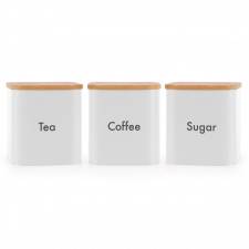 Set of 3 Tea, Coffee & Sugar Canister With Airtight Bamboo Lid - White
