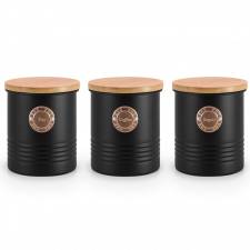Set of 3 Tea, Coffee & Sugar Metal Jars With Airtight Bamboo Lid,Black