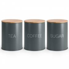 Set of 3 Tea, Coffee & Sugar Metal Jars With Airtight Bamboo Lid, Grey
