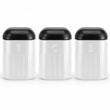 Set of 3 Tea, Coffee & Sugar Metal Jars With Curved Lid, White & Black