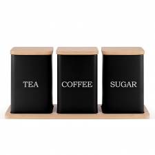 Set of 3 Tea, Coffee & Sugar Storage Jar With Bamboo Tray Stand, Black