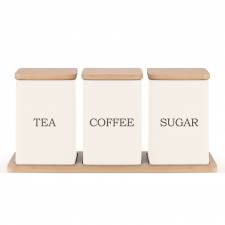Set of 3 Tea, Coffee & Sugar Storage Jar With Bamboo Tray Stand, Cream