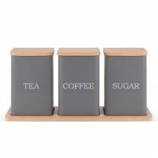 Set of 3 Tea, Coffee & Sugar Storage Jar With Bamboo Tray Stand, Grey
