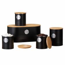 Set of 5 Tea, Sugar, Coffee, Biscuit & Bread Bin Jars With Lid, Black