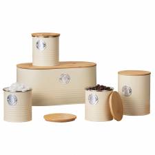 Set of 5 Tea, Sugar, Coffee, Biscuit & Bread Bin Jars With Lid, Cream