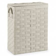 Slimline Laundry Linen Basket With Lid & Faux Leather Handle, Cream