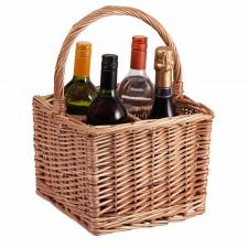 Square Willow Bottle Basket with Long Carry Handle & Four Sections
