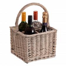Square Willow Bottle Basket with Long Carry Handle & Four Sections