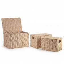 Woodluv 3 x Hand-woven Lidded Paper Rope Storage Trunk Set, Khaki