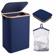 Woodluv Collapsible Foldable Laundry Hamper Basket with Lid, Navy Blue