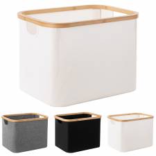 Woodluv Foldable Storage Basket with Wooden Rim & Side Handles, Beige