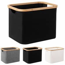 Woodluv Foldable Storage Basket with Wooden Rim & Side Handles, Black