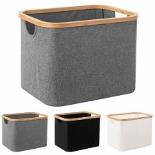 Woodluv Foldable Storage Basket with Wooden Rim & Side Handles, Grey