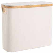 Woodluv Foldable Toilet Roll Storage Basket with Wood Rim & Lid, Beige