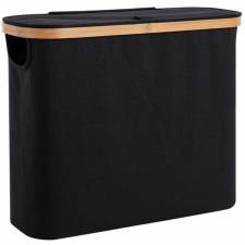 Woodluv Foldable Toilet Roll Storage Basket with Wood Rim & Lid, Black