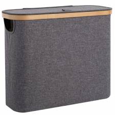Woodluv Foldable Toilet Roll Storage Basket with Wood Rim & Lid, Grey
