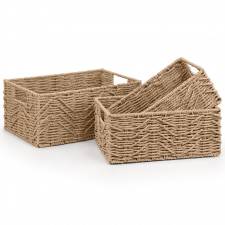 Woodluv handwoven Set of 3 Paper-rope Storage Baskets, Khaki