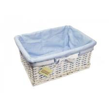 Woodluv Large White Willow Basket With Blue Dot Lining & Ribbon