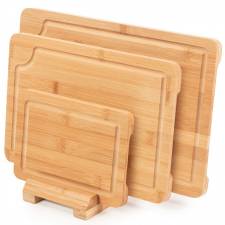 Woodluv Set of 3 Bamboo Chopping Board With Stand & Juice Grooves