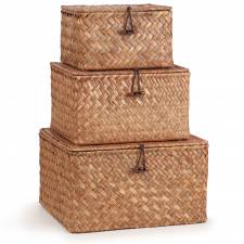 Woodluv Set of 3 Handwoven Lidded Seagrass Storage Basket, Brown
