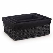 Woodluv Set of 3 Wicker Shelf Storage Hamper Baskets with Liner, Black